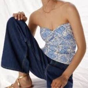 NWT SACHIN & BABI x Anthropologie blue & cream floral shirred-back strapless top